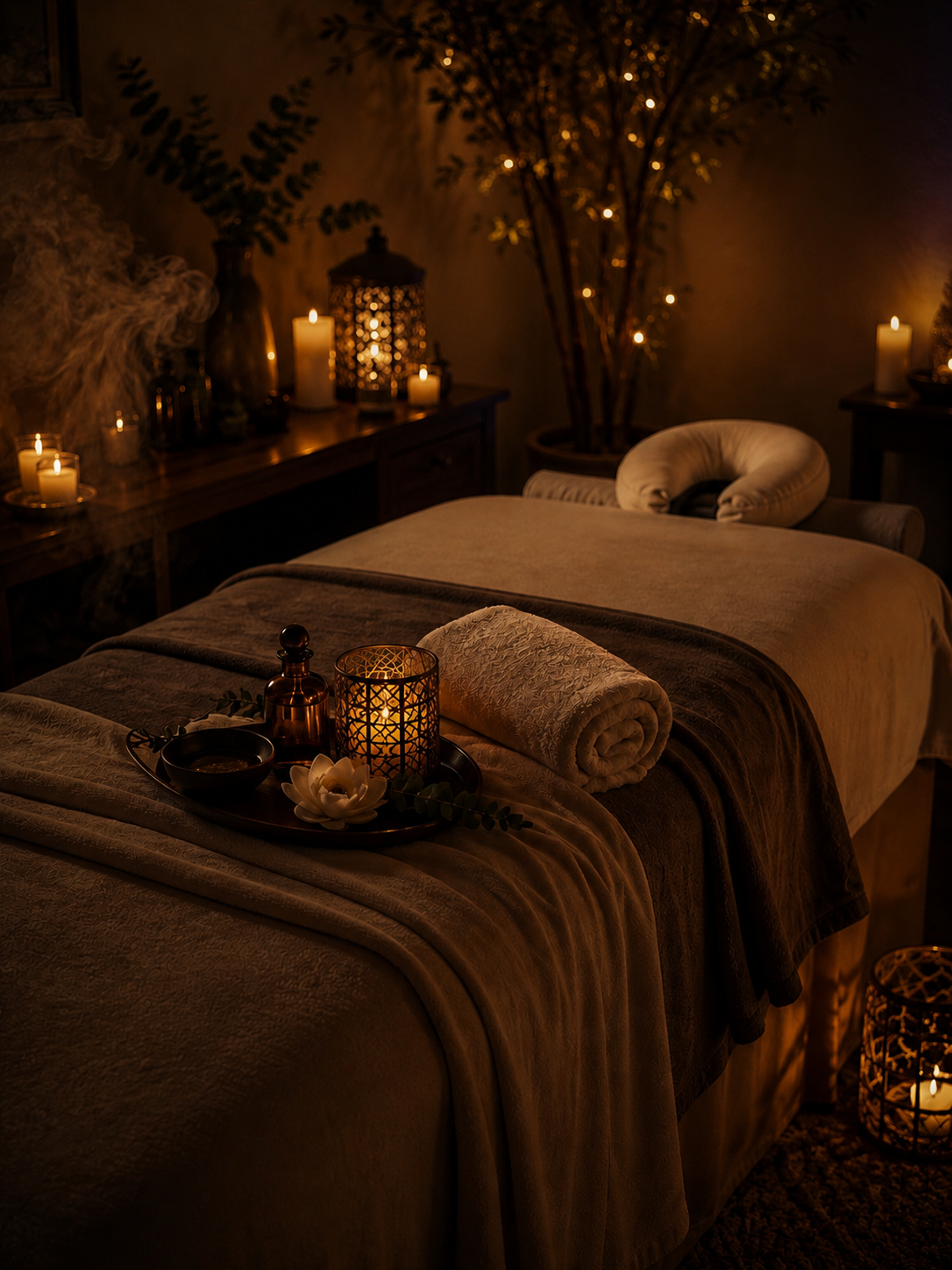 Relax & Renew massage room with a freshly dressed massage table, candles and warm lantern light
