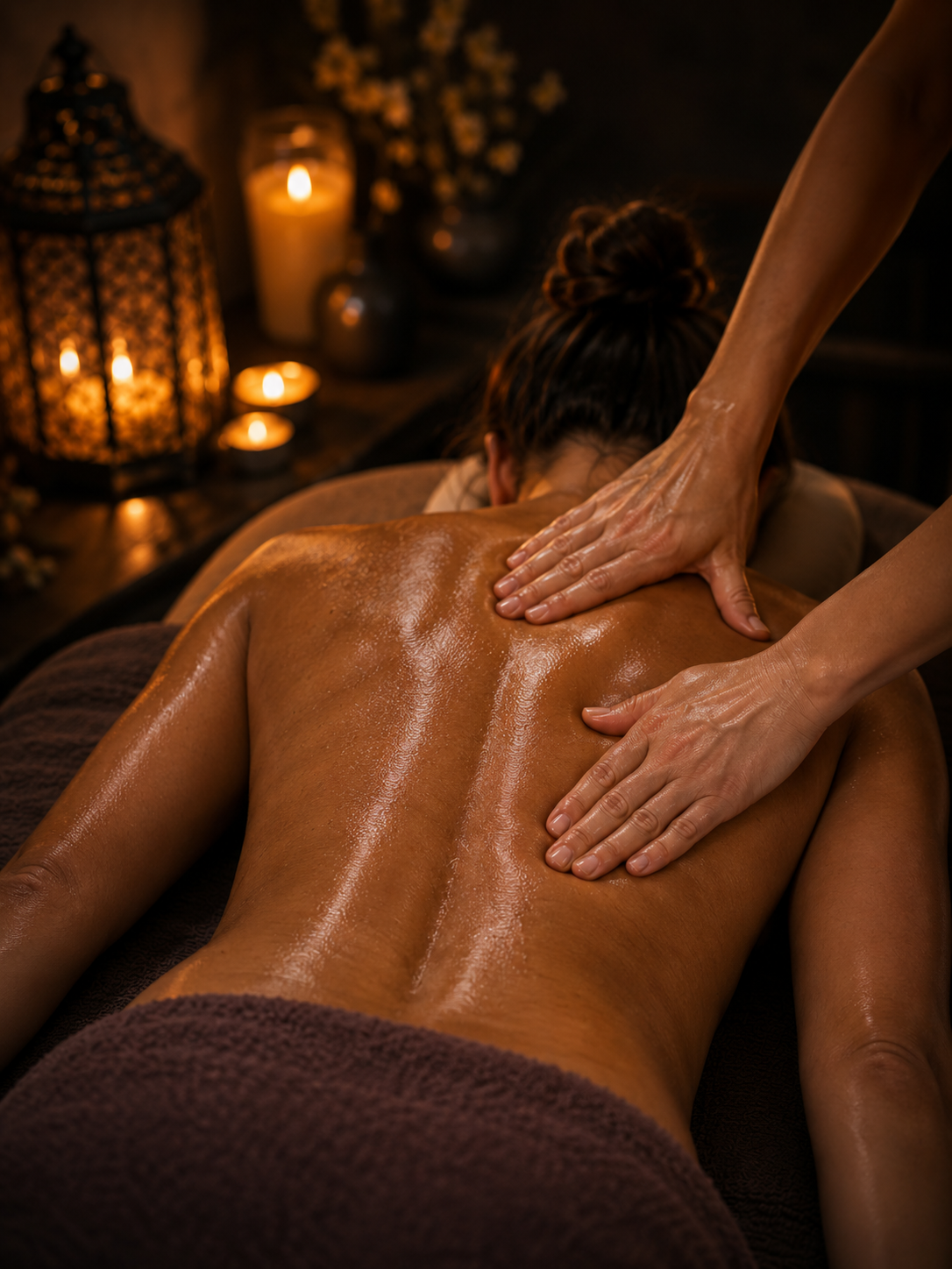Massage therapist performing a therapeutic back massage in a warm candlelit treatment room in Cape Coral
