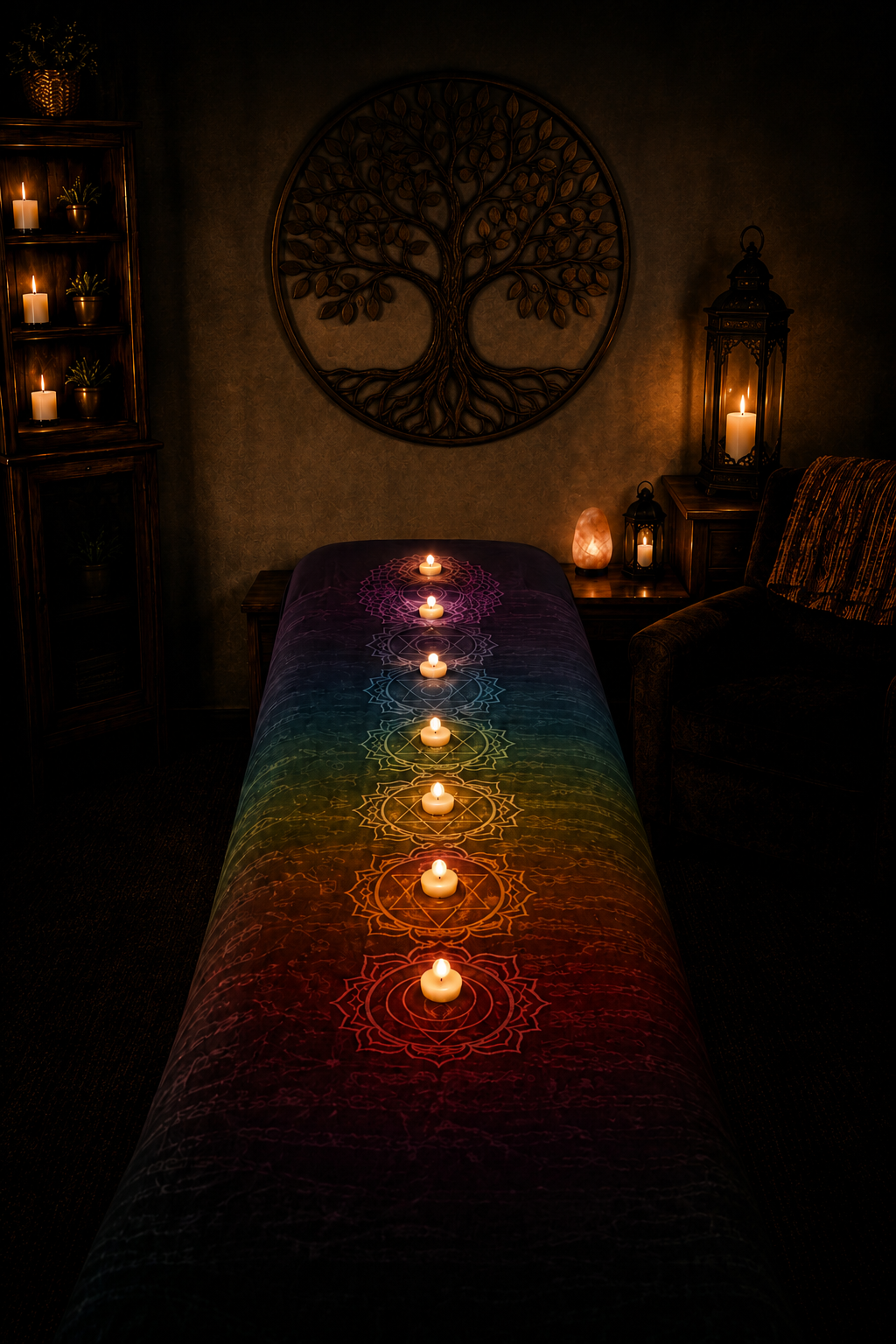 Candles glowing along the chakra points of a massage table beneath a Tree of Life — the Total Body Reset at Relax & Renew